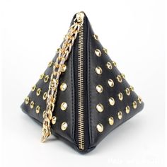 This Wristlet Is Super Unique!! Shaped As A Black Triangle, There Are Gold Studs All Over This Baby! The Handle Is Made Of A Gold Chain As Well & This Bag Is Much Larger Than Expected! It’s Actually A Great Size! May Not Fit Your Phone, But It’s Super Trendy & So Hot With The Right Outfit! Triangle Change Purse, Triangle Bag, Studded Clutch, Pu Bag, Studded Bag, Vintage Shoulder Bag, Vintage Clutch, Large Shoulder Bags, Types Of Bag