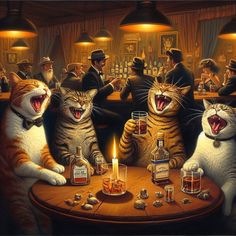 three cats are sitting at a bar with their mouths open and one cat has its mouth wide open