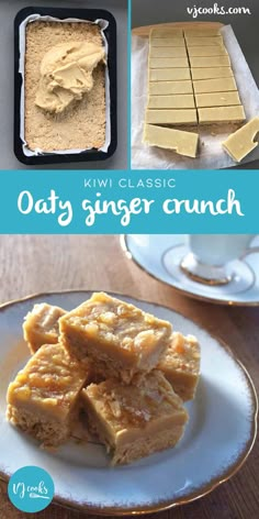 an image of some desserts on a plate with the words, kiwi classic oaty ginger crunch