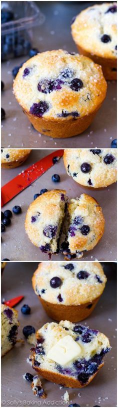 blueberry muffins cut in half and ready to be eaten