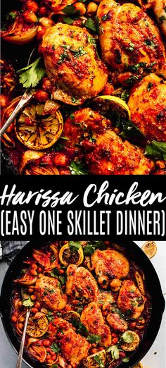 two pictures showing different types of chicken in skillets with text overlay that reads, marina chicken easy one skillet dinner