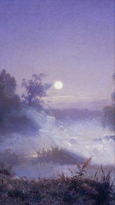 a painting of the moon setting over a river