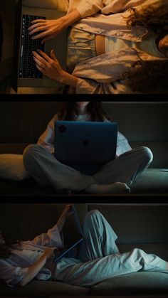 a woman is sitting in bed with her laptop and looking at the screen while she sleeps