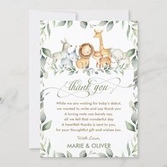 an animal themed baby shower is shown with the words, thank you and jungle animals