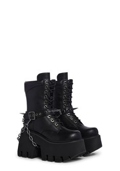 only the strong survive. These combat boots have a vegan leather construction, front lace up closure, removable o-ring belts, spiked detailing, removable chainlink, and cushioned upper. Black Aesthetic Shoes, Black Shoes Aesthetic, Combat Clothes, Platform Combat Boots, Spring Heels, Goth Shoes, Satin Evening Dresses, Black Combat Boots, Aesthetic Shoes