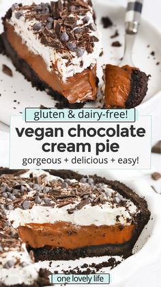 a slice of vegan chocolate cream pie on a white plate with the text gluten & dairy - free