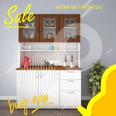 a kitchen with white cabinets and yellow lettering that says sale up to 50 % off