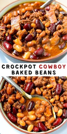 two bowls filled with crockpot cowboy baked beans