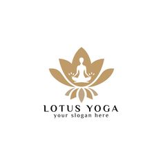 the lotus yoga logo is shown in gold and white with an image of a woman sitting on