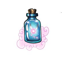 a glass bottle with a rabbit in it sitting on top of a pink flowery cloud