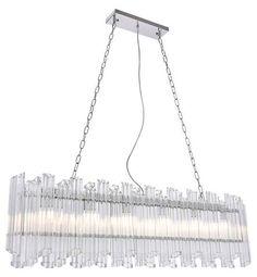 a large rectangular chandelier with clear glass tubes hanging from it's ceiling