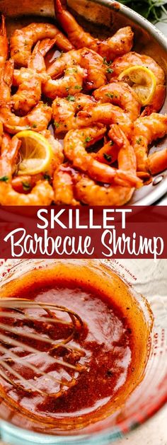 skillet barbecue shrimp recipe in a pan with sauce and garnish on the side