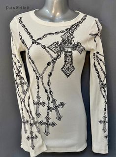 New Womens Vocal Apparel embellished ivory cross rosary ribbed cotton long sleeve tee shirt Size XLarge This incredibly unique and rare Vocal shirt is just stunning. Design on chest is embellished with studs. Ivory tone with black screen print and stones all over. Just GORGEOUS - Juniors Sized. Made in USA by Vocal Apparel This is one of my many HIGHLY sought after old school Vintage Vocal style tops! I have been selling Vocal clothing for over 15 YEARS now and just LOVE this brand! Please see measurements 100% Light Ribbed Cotton - Has Little Stretch Measured without stretching - *XLarge - 16" armpit to armpit unstretched - shoulder to waist 27.5" BE VOCAL - STAND OUT IN A CROWD & PUT A GIRL IN IT before it's gone! XOXO Lisa - Put a Girl In It Cross Wings Tattoo, Tattoo Long Sleeve, Dark Y2k, Rosary Cross, Cross Rosary, Slim Fit Crop Top, Biker Shirts, Wings Tattoo, 2000s Fashion Outfits