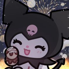 a cartoon character holding an ice cream cone in her hand with fireworks in the background