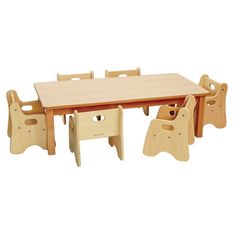 a wooden table and chairs with one child's chair