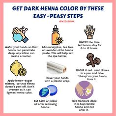 the instructions for how to get dark henna color by these easy steps