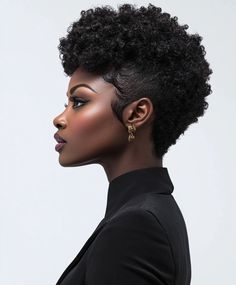 A tapered afro with defined, bouncy curls on top, offering a structured yet voluminous look. Perfect for a polished and elegant style. Tiny Afro, Tapered Fro, Natural Tapered Cut, Afro Black Women, Short Natural Haircuts