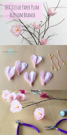 paper flowers and scissors on a table with text that reads diy - tissue paper plum blossom branch