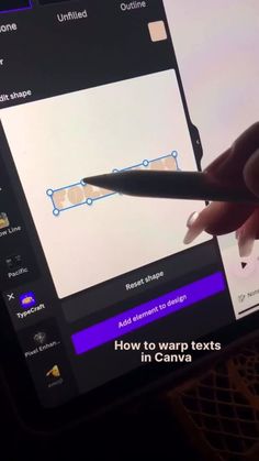 someone is writing on the screen of their laptop with a pen in hand, and it appears to be reading how to word texts in canva