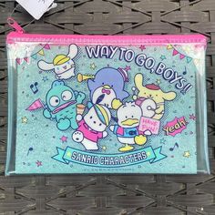 a close up of a bag with cartoon characters on it