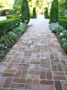 a brick walkway with white flowers and green trees in the back ground, surrounded by hedges