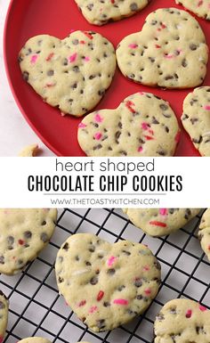 heart shaped chocolate chip cookies on a cooling rack with the words, heart shaped chocolate chip cookies