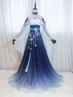 Cute Blue Wedding Dresses, Anime Dresses Cosplay, Night Themed Wedding Dress, Blue Space Outfit, Fantasy Clothing Purple, Sky Inspired Fashion, Space Themed Wedding Dress, Fantasy Astronomy Outfits, Fantasy Clothing Royal