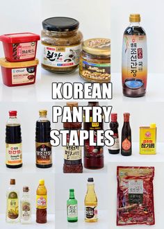 korean pantry staples are displayed in this collage