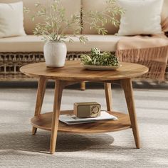 a coffee table with a plant on it in front of a couch