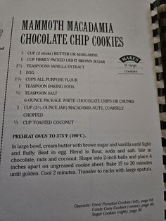 a recipe book with instructions for chocolate chip cookies