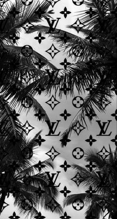 black and white photograph of palm trees with louis vuitton stickers on them