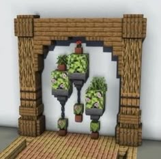 an image of a brick fireplace with potted plants