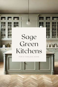 Sage green kitchen with a central island, shaker-style cabinets, and herringbone wood flooring. Green Kitchens Modern, Kitchen Cabinets Sage Green, Sage Green Kitchen Decor, Sage Green Kitchens, Sage Green Kitchen Ideas, Sage Green Kitchen Cabinets, Green Kitchen Inspiration, Bold Marble, Green Kitchen Ideas