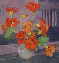 a painting of orange flowers in a vase on a window sill with green leaves