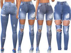 three different views of the same woman's jeans with holes and torn up knees