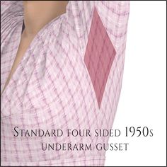 a woman wearing a pink and white dress with the words standard four sided 1950's underarm guset