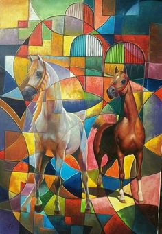 a painting of two horses standing next to each other in front of a colorful background