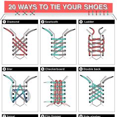 20 Ways to Tie Your Shoes Fancy Shoelace Tying, Creative Shoelace Tying, Shoe Lace Tie Style, Creative Shoe Lacing, Cool Ways To Tie Converse, Sneaker Shoelace Ideas, Ways To Tie Laces Sneakers, Fancy Shoe Lace Tying, Tying Shoe Laces Ideas