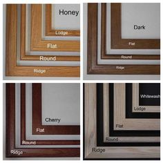 four different types of wood frames in various colors and sizes, including white, brown, black