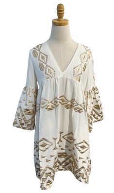 Lace Apparel Lace | White & Gold Long Bell Sleeve Mini Dress Greek Fashion Modern, Bell Sleeve Mini Dress, Metallic Prints, Greek Fashion, Athens Greece, Greek Goddess, Metallic Thread, Well Dressed, Bell Sleeve