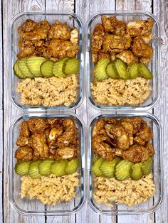 four glass containers filled with different types of food