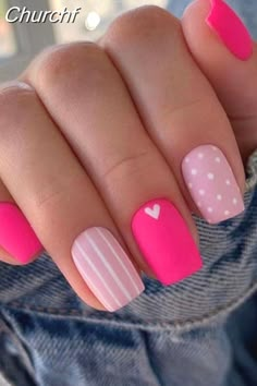 Barbie Pink Nails, Valentine Nails, Colorful Nails, Dipped Nails, Girls Nails, Nail Arts, Valentine's Day Nails