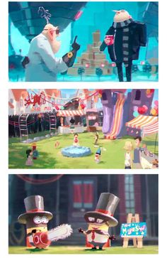 two different scenes from the animated movie, one with a man in top hat and another with