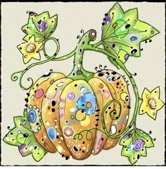 a drawing of a pumpkin with flowers on it