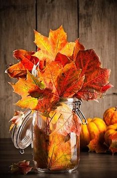 a glass jar filled with lots of leaves on top of a table next to pumpkins