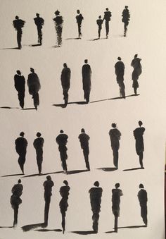 several silhouettes of people standing in different positions on a sheet of paper, each with their own shadow