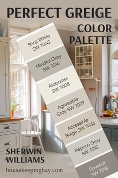 The image shows a "Perfect Greige Color Palette" by Sherwin Williams. It features seven paint colors displayed vertically:

Shoji White SW 7042
Mindful Gray SW 7016
Alabaster SW 7008
Agreeable Gray SW 7029
Accessible Beige SW 7036
Repose Gray SW 7015
Dovetail SW 7018
In the background, there is a cozy kitchen space with soft lighting and neutral-toned cabinetry that complements the greige tones in the color palette. Sherwin Williams Greige Cabinets, Accessible Beige Sw, Sherwin Williams Greige, Sherwin Williams Perfect Greige, Accessible Beige Sherwin Williams, Perfect Greige, Shoji White, Mindful Gray, Accessible Beige