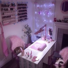 Nail Tech Space Ideas, Nail Artist Room Ideas, Nail Tech Snack Station, Nail Suites Decor, Nail Bedroom Ideas, Blue Nail Tech Room, Nail Salon In Bedroom, Nail Tech Station In Bedroom, Nail Station Setup