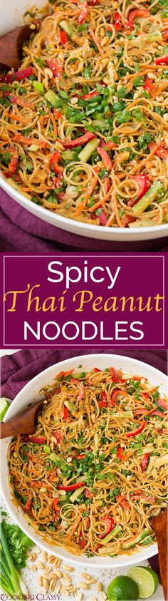 spicy thai noodle salad in a white dish with text overlay that reads spicy thai noodle salad