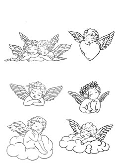 four angels with hearts and clouds in black and white, one has an angel's head